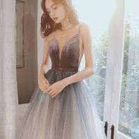 A line velvet tulle long prom dress  evening dress - Thumbnail 3