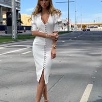 Chic White Bodycon Puff Sleeve Dress - Thumbnail 2