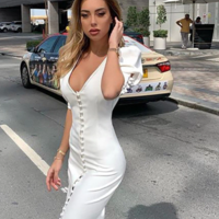 Chic White Bodycon Puff Sleeve Dress - Thumbnail 1
