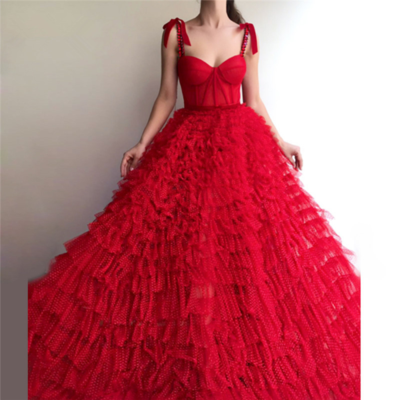 Gorgeous spaghetti strap red tulle prom dress - Thumbnail 5