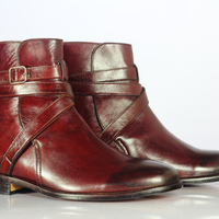 Handmade Men's Ankle Boots, Men's Jodhpurs Burgundy Leather Buckle Casual Boot - Thumbnail 1
