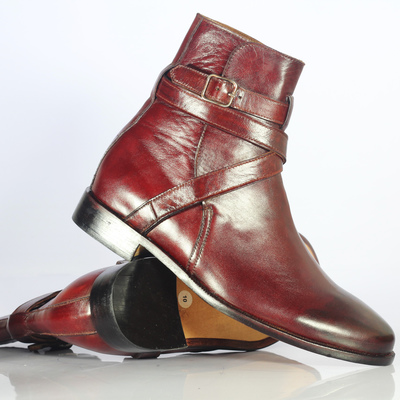 Handmade men's ankle boots, men's jodhpurs burgundy leather buckle casual boot - Thumbnail 3
