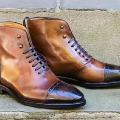 Pure handmade tan shaded genuine leather lace up boots for men's - Thumbnail 5