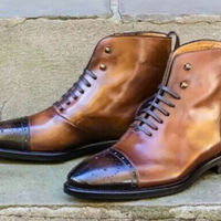 Pure Handmade Tan Shaded Genuine Leather Lace up Boots for Men's - Thumbnail 4