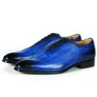 Men's Blue Oxford Patina Handpainted Burnished Derby Toe Vintage Leather Shoes - Thumbnail 1