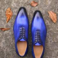 Men's Blue Oxford Patina Handpainted Burnished Derby Toe Vintage Leather Shoes - Thumbnail 4
