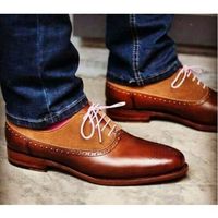 Handmade Two Tone Brown Leather Wing Tip Brogue Shoes, Men's Dress Casual Shoes - Thumbnail 4