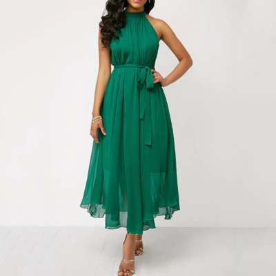 Chiffon sleeveless summer dress in green and black - Thumbnail 4
