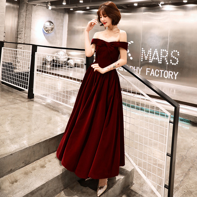 Burgundy velvet tea length prom dress party dress - Thumbnail 4