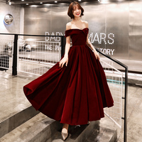 Burgundy velvet tea length prom dress party dress - Thumbnail 1