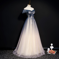 Blue tulle long prom gown formal dress - Thumbnail 3
