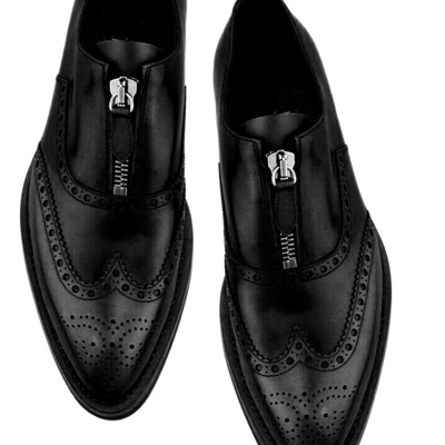 Men's oxford black brogue wingtip genuine leather handmade zipper dress shoes