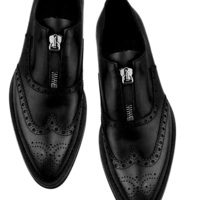 Men's Oxford Black Brogue Wingtip Genuine Leather Handmade Zipper Dress Shoes - Thumbnail 1