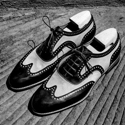 Two tone black white oxford wingtip leather formal dress men's handcrafted shoes