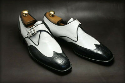 White Black Monks Buckle Strap Formal Men Genuine Leather Handmade Dress Shoes