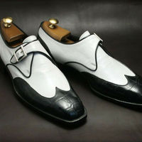 White Black Monks Buckle Strap Formal Men Genuine Leather Handmade Dress Shoes - Thumbnail 4