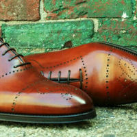 Oxford Brown Brogue Whole Cut Formal Men's Lace up Vintage Leather Handmade Shoes - Thumbnail 1