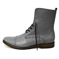 High Ankle Gray Color Cap Toe Handmade Men Genuine Leather Lace Up Stylish Boots - Thumbnail 1