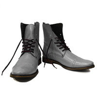 High Ankle Gray Color Cap Toe Handmade Men Genuine Leather Lace Up Stylish Boots - Thumbnail 4