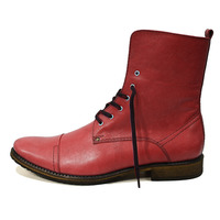 High Ankle Pink Color Cap Toe Handmade Genuine Leather Lace Up Stylish Men Boots - Thumbnail 1