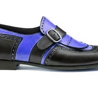 Men's Blue Black Monk Brogue Fringes Luxury Real Leather Handcrafted Dress Shoes - Thumbnail 3