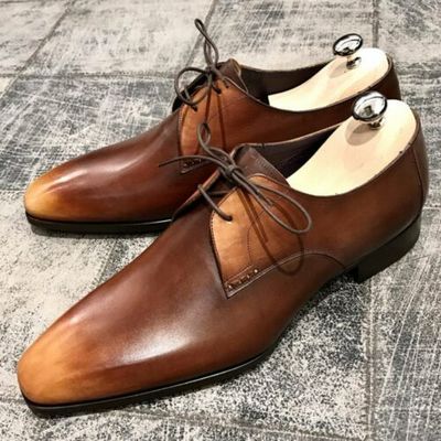Men's Brown Patina Oxford Derby Lace Up Formal Dress Real Leather Handmade Shoes