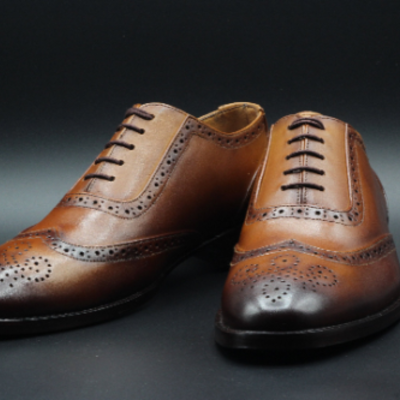 Brown oxford brogue wing tip lace up formal dress leather handmade men's shoes