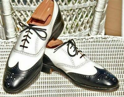 Handmade Two Tone Black & White Real Leather Brogue Shoes, Men leather Shoes