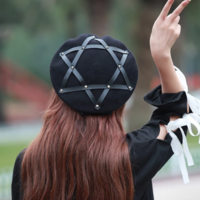 Witchy Gothic Dark Pentagram Wool Beret - Thumbnail 4