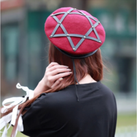 Witchy Gothic Dark Pentagram Wool Beret - Thumbnail 2
