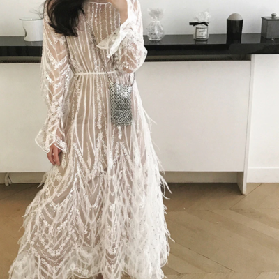 Spring summer elegant white rhinestine beaded lace dress - Thumbnail 4