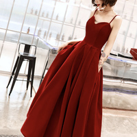 Burgundy velvet tea length prom dress party dress - Thumbnail 1