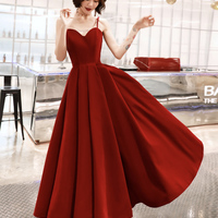 Burgundy velvet tea length prom dress party dress - Thumbnail 3