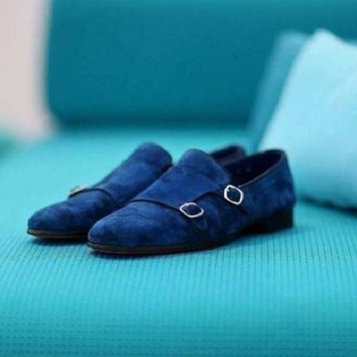 Handmade men's double monk strap round toe dress shoes, real suede shoes