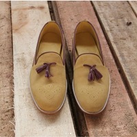 Handmade Men Tan Formal Shoes, Suede Moccasin Shoes For , Brogue Shoes - Thumbnail 1