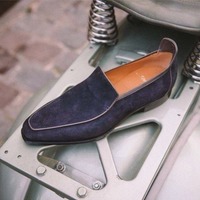 Handmade Men Leather Shoes, Navy Blue Suede Shoes, Moccasin Shoe - Thumbnail 1