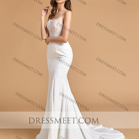 Elegant Mermaid V Neck Open Back Ivory Lace Wedding Dresses with Train - Thumbnail 2