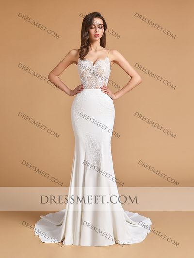 Elegant Mermaid V Neck Open Back Ivory Lace Wedding Dresses with Train