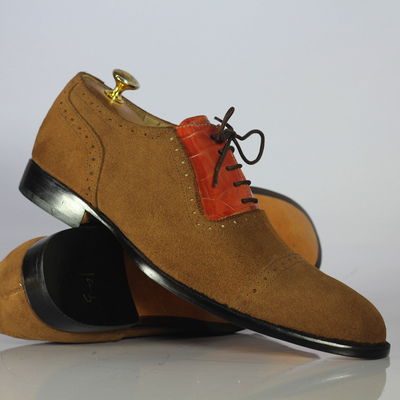 Handmade men's brown cap toe shoes, men's suede lace up shoes - Thumbnail 1