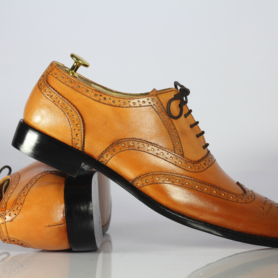 Handmade men's brown wing tip shoes, men's leather lace up shoes - Thumbnail 2