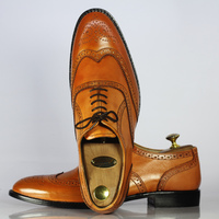 Handmade Men's Brown Wing tip Shoes, Men's Leather Lace Up Shoes - Thumbnail 2