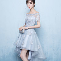 Cute lace short prom dress gray evening dress - Thumbnail 2