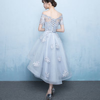 Cute lace short prom dress gray evening dress - Thumbnail 3