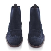 Handmade Men Navy Blue Boots, Wingtip Suede Boots, Leather Boots - Thumbnail 1