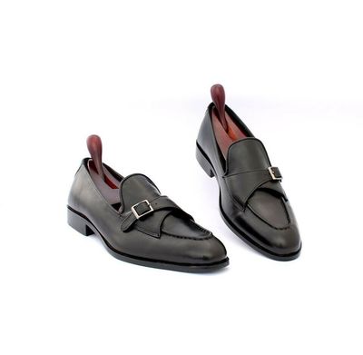 Handmade Men's Black Monk Strap Round Toe Dress Shoes, Real Leather Shoes