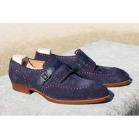 Handmade Men's Blue Wing Tip Brogue Monk Strap Dress Shoes, Real Suede Shoes - Thumbnail 4