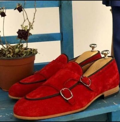 Handmade Men's Double Monk Strap Round Toe Dress Shoes, Real Suede Shoes