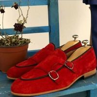 Handmade Men's Double Monk Strap Round Toe Dress Shoes, Real Suede Shoes - Thumbnail 4