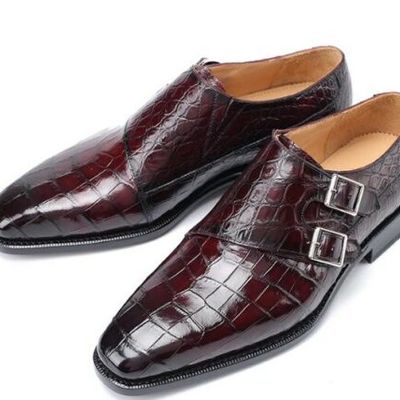Handmade men's double monk strap crocodile texture leather dress shoes