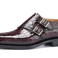 Handmade Men's Double Monk Strap Crocodile Texture Leather Dress Shoes - Thumbnail 1